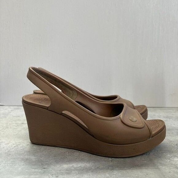 Crocs Havana Peep Toe Brown Slingback Platform Wedge Sandals Womens Size 10 - Picture 1 of 10